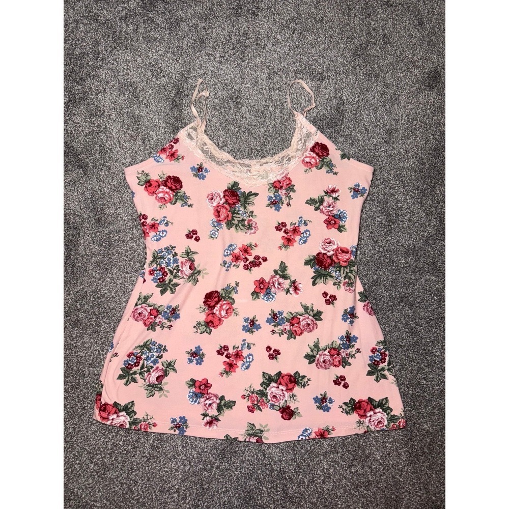 Women's Pink‎ Floral Tank Top - Camisole w/ Lace Trim